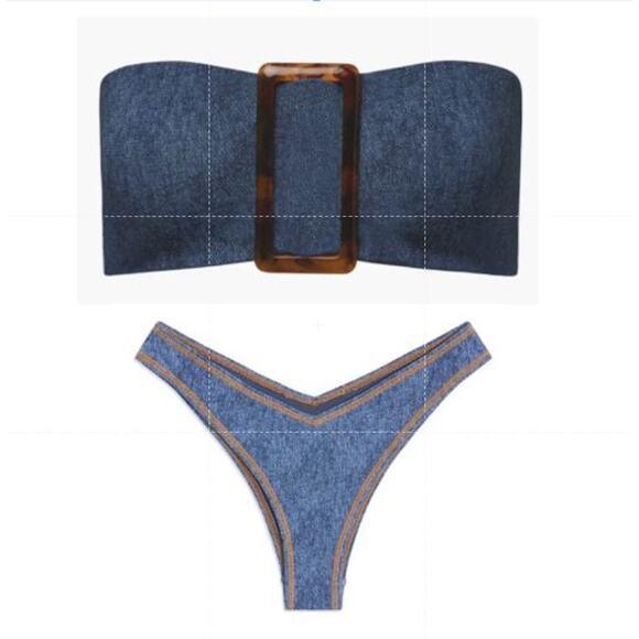 NWT WeWoreWhat Buckle Bandeau Bikini Top & Bikini Bottom Set Denim Women's Large - Picture 1 of 12
